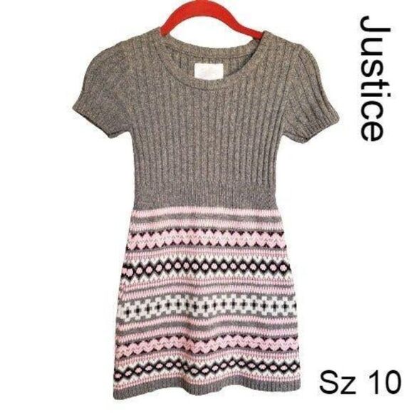 Justice Girls Knit Dress 10 Pink Gray Fair Isle Short Sleeve Sweater Dress Y2K - Picture 1 of 4